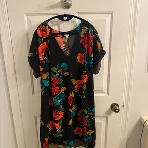 Floral Black Dress with Vivid Colors and Gold Buttons